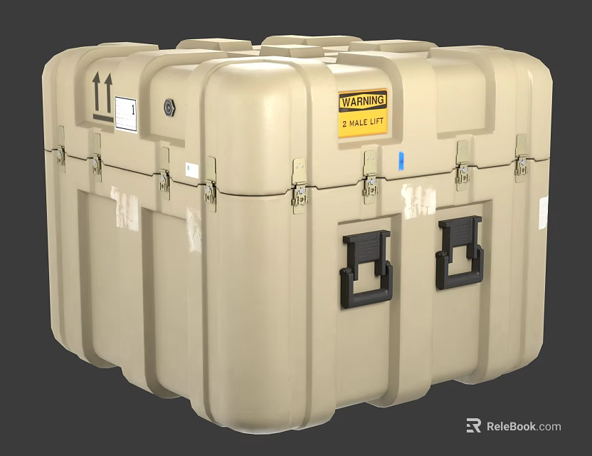 Beige Hard Shell Flight Case With Multiple Latches Handles And Warning Label 3d model 