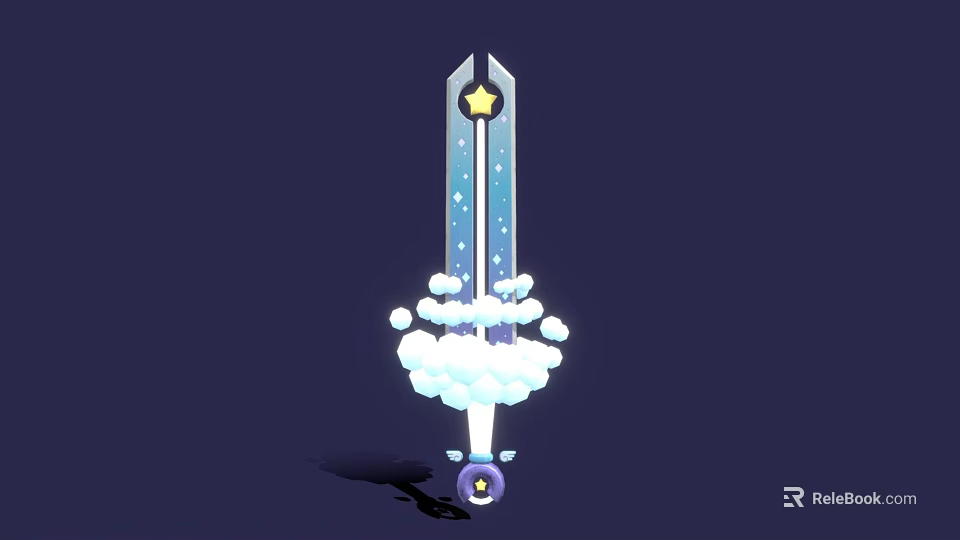 Magical Sword With Blue Blade Star Design Yellow Star Top White Cloud Decorations Purple Base 3d model 