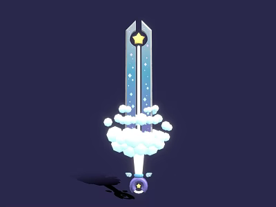 Magical Sword With Blue Blade Star Design Yellow Star Top White Cloud Decorations Purple Base 3d model