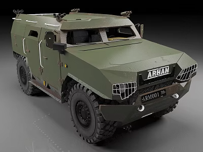 Green Armored Functional Vehicle With Sturdy Design Large Tires Front Protective Grilles And ARBAN Branding 3d model