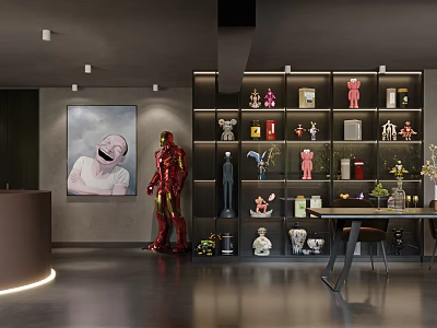 Contemporary Interior Featuring Red Iron Man Figure Shelving Unit With Dolls Decorations Table And Chairs 3d model