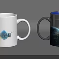 White Ceramic Mug with Satellite Communication Logo and Dark Mug with Earth Globe Design