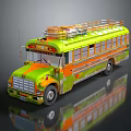 Vibrant Green And Orange Colorful Striped School Bus With Roof Rack Carrying Luggage Items