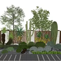 Diverse Garden Plants With Cacti Shrubs Round Greenery Tall Trees Stone And Wooden Fence