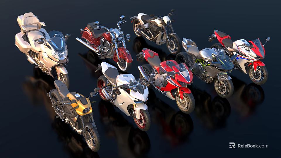 Various Colorful Sport And Classic Motorcycles On Black Background With Reflections 3d model 