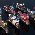 Various Colorful Sport And Classic Motorcycles On Black Background With Reflections