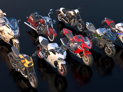 Various Colorful Sport And Classic Motorcycles On Black Background With Reflections 3d model