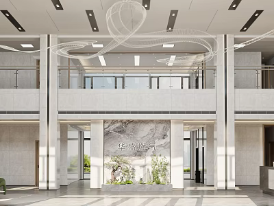 Modern Lobby Reception Desk With Marble Wall Green Plants And Elegant Ceiling Design 3d model