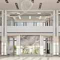 Modern Lobby Reception Desk With Marble Wall Green Plants And Elegant Ceiling Design