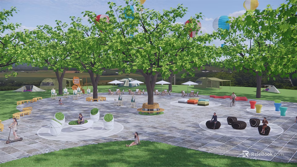 Park Landscape With Open Space Green Trees Benches Sunshades Colorful Seats And People Relaxing 3d model 
