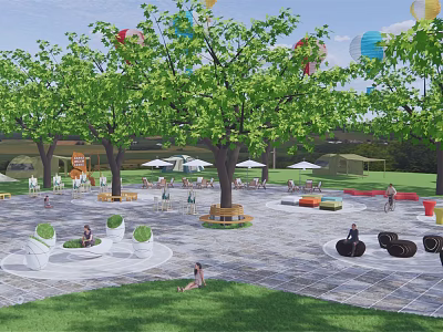 Park Landscape With Open Space Green Trees Benches Sunshades Colorful Seats And People Relaxing 3d model