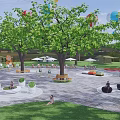 Park Landscape With Open Space Green Trees Benches Sunshades Colorful Seats And People Relaxing