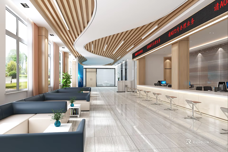 Modern Service Hall Interior Design With Comfortable Sofas Green Plants Large Windows And Electronic 3d model 
