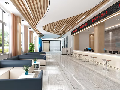 Modern Service Hall Interior Design With Comfortable Sofas Green Plants Large Windows And Electronic 3d model