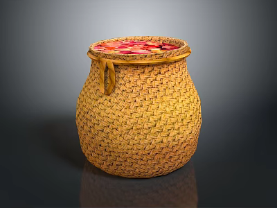 Yellow Handwoven Basket With Handle For Daily Use Decorative Storage And Petals 3d model