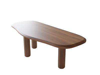 Modern Walnut Wood Desk With Oval Tabletop And Cylindrical Legs For Home Office 3d model