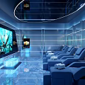 SPA Sauna Relaxation Lounge With Blue Reclining Chairs White Towels And Large Underwater Screen