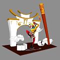 Chinese Archway with Cloud Motifs and Warrior Figure Holding Golden Staff