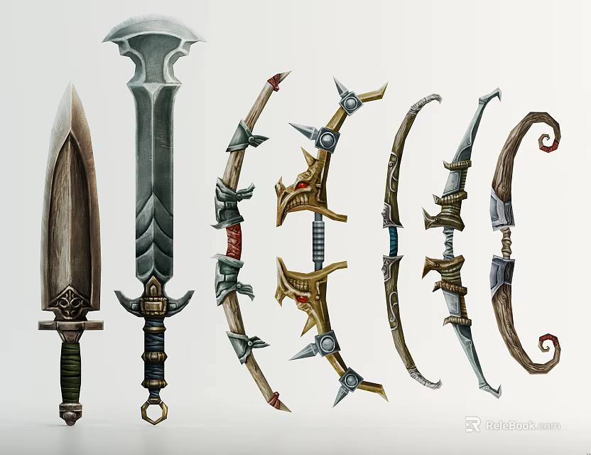 Weapons Collection Featuring Ancient Medieval Swords and Ornate Bows with Intricate Designs 3d model 
