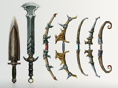 Weapons Collection Featuring Ancient Medieval Swords and Ornate Bows with Intricate Designs 3d model