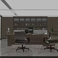 Modern Office Interior With Wooden Panel Walls Executive Desk Leather Sofa And Landscape Painting