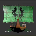 Ancient Wooden Galley Water Vessel With Green Sails Rowing Oars And Curved Bow