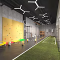 Modern Gym Interior With Fitness Equipment Hexagon Pendant Lights Black Floors Yellow Markings