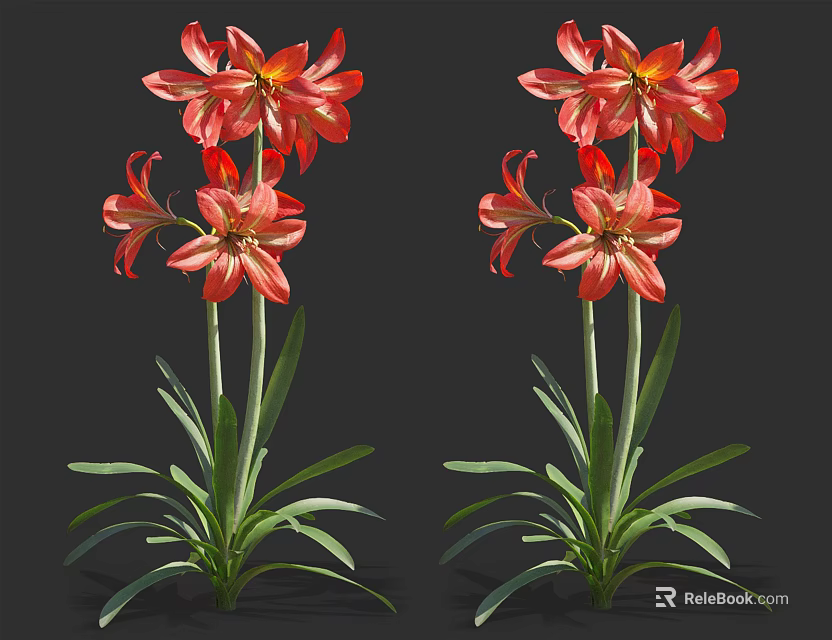 Vibrant Red Flowers With Lush Green Leaves And Stems In Twin Plants 3d model 