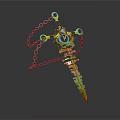 Fantasy Golden Sword With Green Gemstones And Decorative Chain Details
