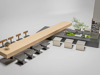 Modern Table and Chair Set with Long Wooden Top and Gray Stools in Indoor Space 3d model