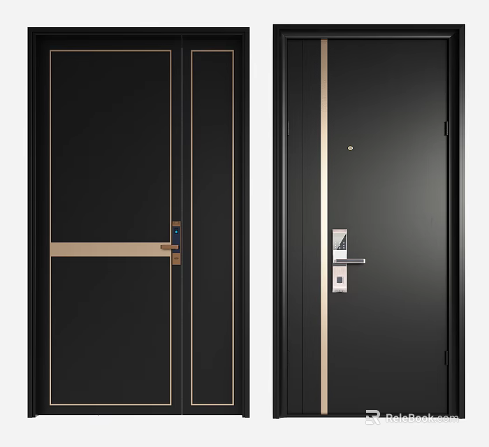 Security Door With Modern Design Black Finish Golden Lines And Secure Lock 3d model 