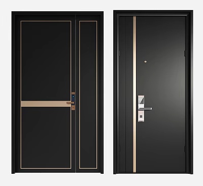 Security Door With Modern Design Black Finish Golden Lines And Secure Lock 3d model