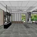 Modern Sales Office Interior Featuring Glass Roof Wooden Screens And Stone Flooring With Seating