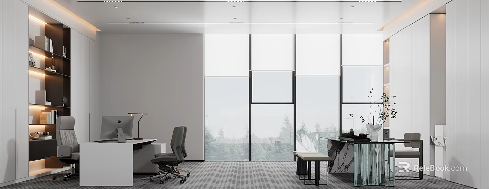 Modern Office Interior Design With Large Windows Desk And Ergonomic Chair 3d model 