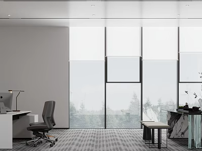 Modern Office Interior Design With Large Windows Desk And Ergonomic Chair 3d model