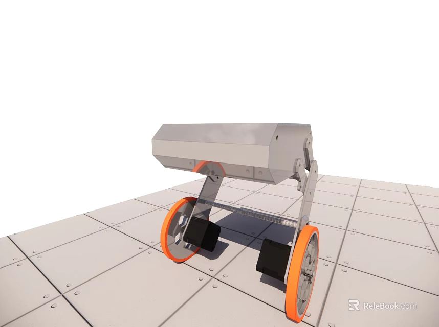 Small Silver Robot With Orange Wheels And Mechanical Structure On White Tiled Floor 3d model