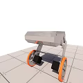 Small Silver Robot With Orange Wheels And Mechanical Structure On White Tiled Floor 3d model