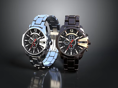 Fashionable Black And Blue Steel Strap Watches With Stylish Dial Design For Daily Use 3d model