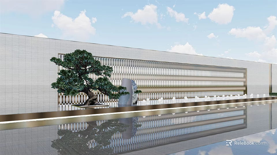 Modern Scenic Feature Wall With White Lattice Design Pine Tree And Water Pool 3d model