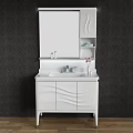 White Bathroom Vanity With Mirror Storage Faucet And Vase On Dark Patterned Wall 3d model