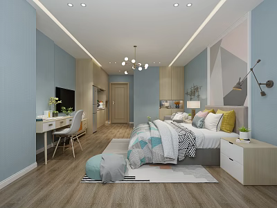 Modern Apartment Interior With Blue Walls Wooden Floors Bed Desk And Geometric Wall Design 3d model