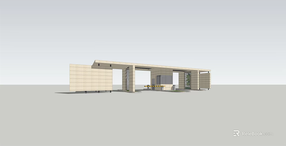 Modern Entrance Gate Design With Stone Panel Walls Grille Structure Security Checkpoint And Landscaping Plants 3d model 
