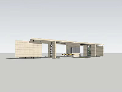 Modern Entrance Gate Design With Stone Panel Walls Grille Structure Security Checkpoint And Landscaping Plants 3d model