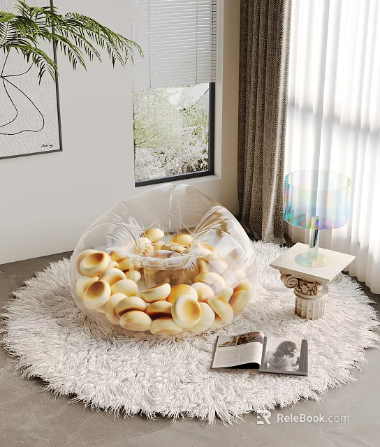 Transparent Bean Bag Chair With Yellow Beads On White Fluffy Rug And Colorful Lamp In Room 3d model 