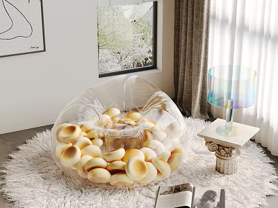 Transparent Bean Bag Chair With Yellow Beads On White Fluffy Rug And Colorful Lamp In Room 3d model