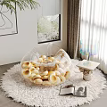 Transparent Bean Bag Chair With Yellow Beads On White Fluffy Rug And Colorful Lamp In Room 3d model