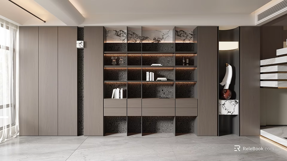 Modern Decorative Cabinet With Layered Shelves Drawers And Ambient Lighting For Home 3d model 