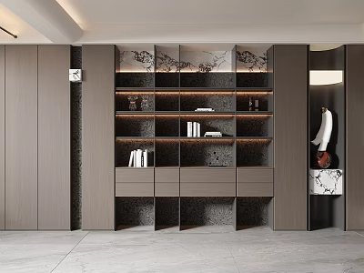 Modern Decorative Cabinet With Layered Shelves Drawers And Ambient Lighting For Home 3d model