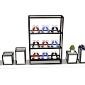 Multi tiered Display Shelves With Shoes Arrangement And Small Stands With Plant