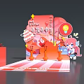 Red Themed Interactive Zone Setup With Display Stands Steps And Cartoon Decorations